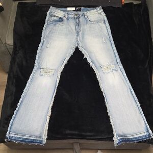 Victorious Premium Denim Jeans Light Wash Distressed Raw Edge Flare 32x30